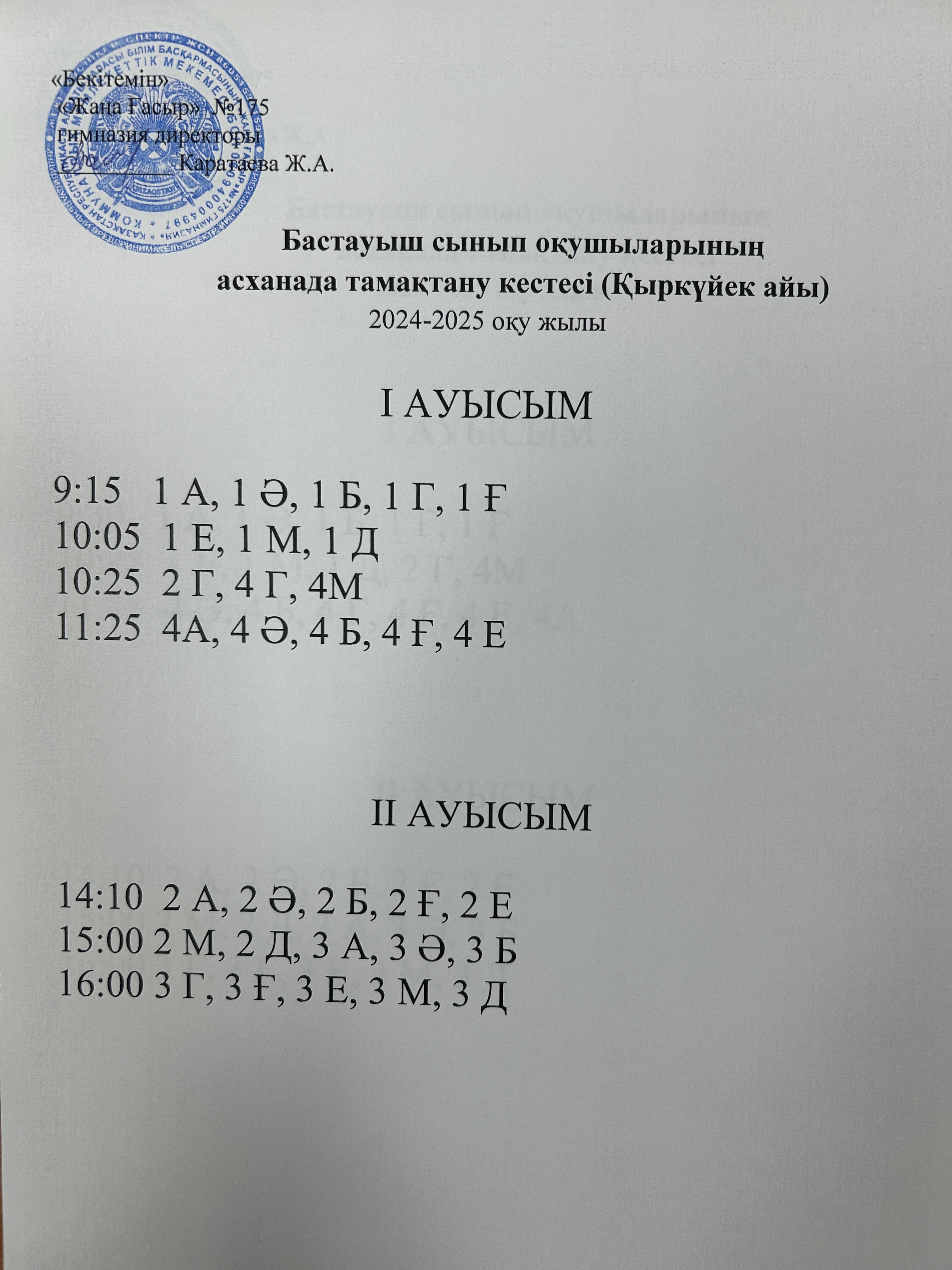 Бастауыш сынып оқушыларының асханада тамақтану кестесі