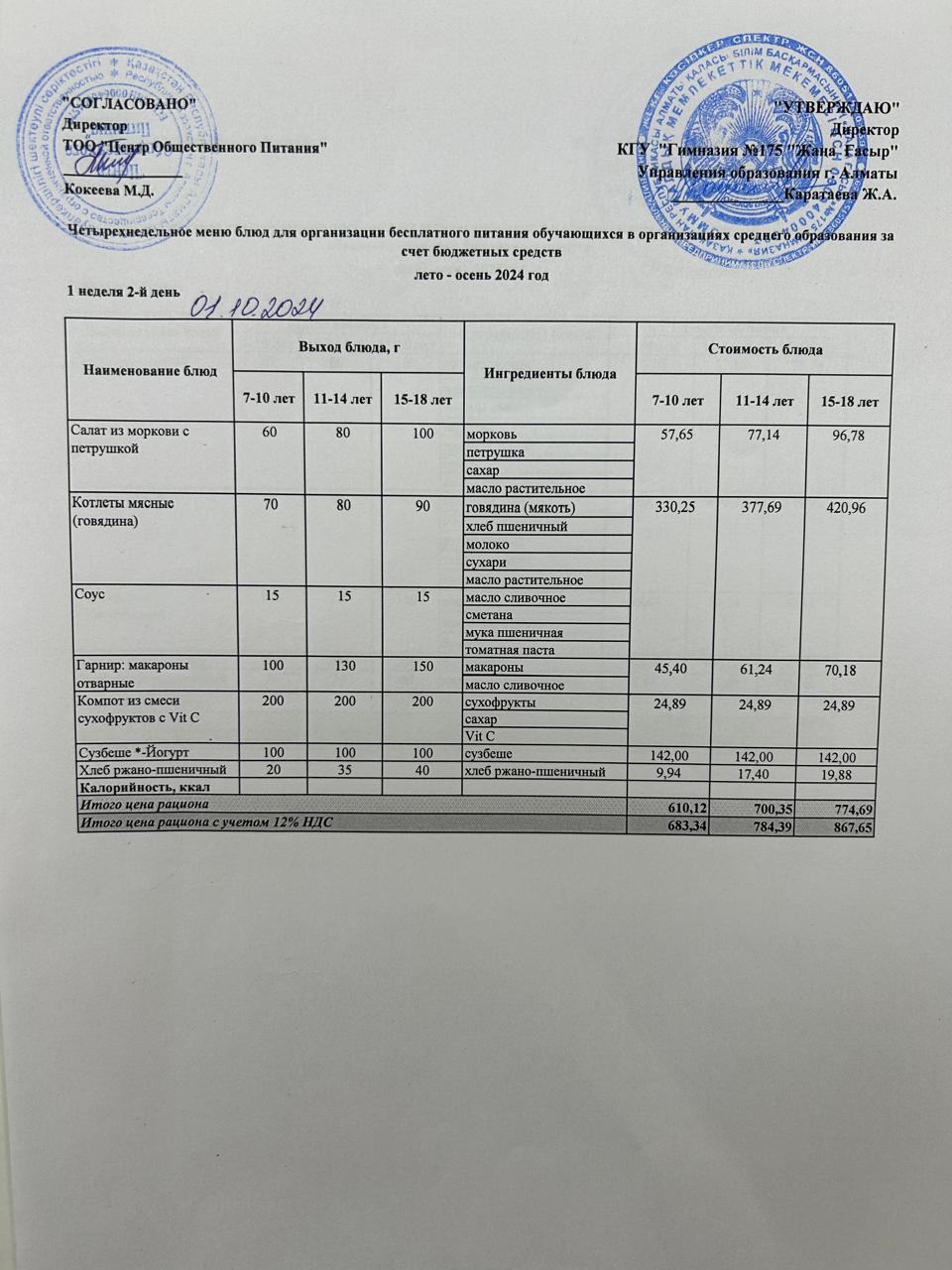 Ас мәзірі 2024-2025