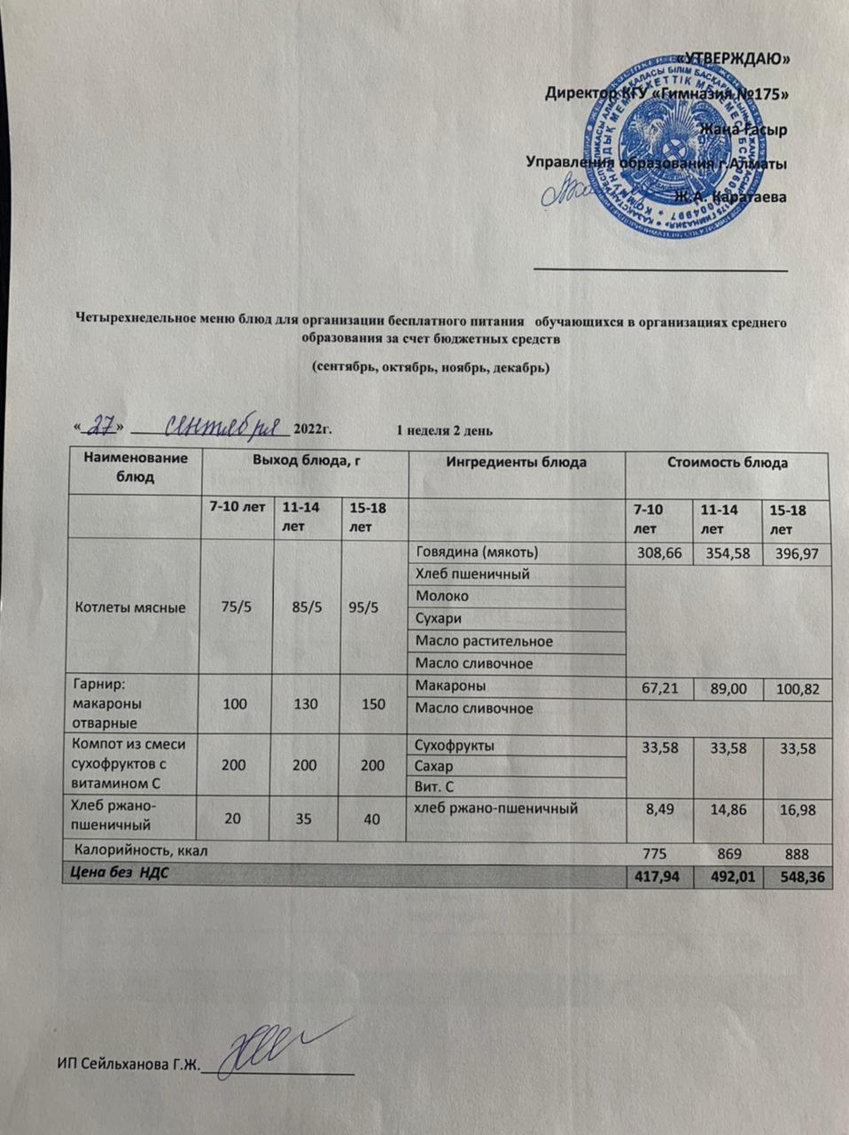 Ас мәзірі 2022-2023