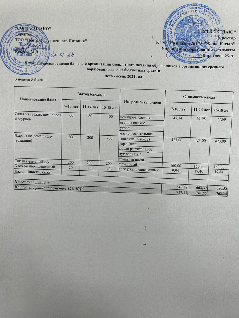 Ас мәзірі 2024-2025