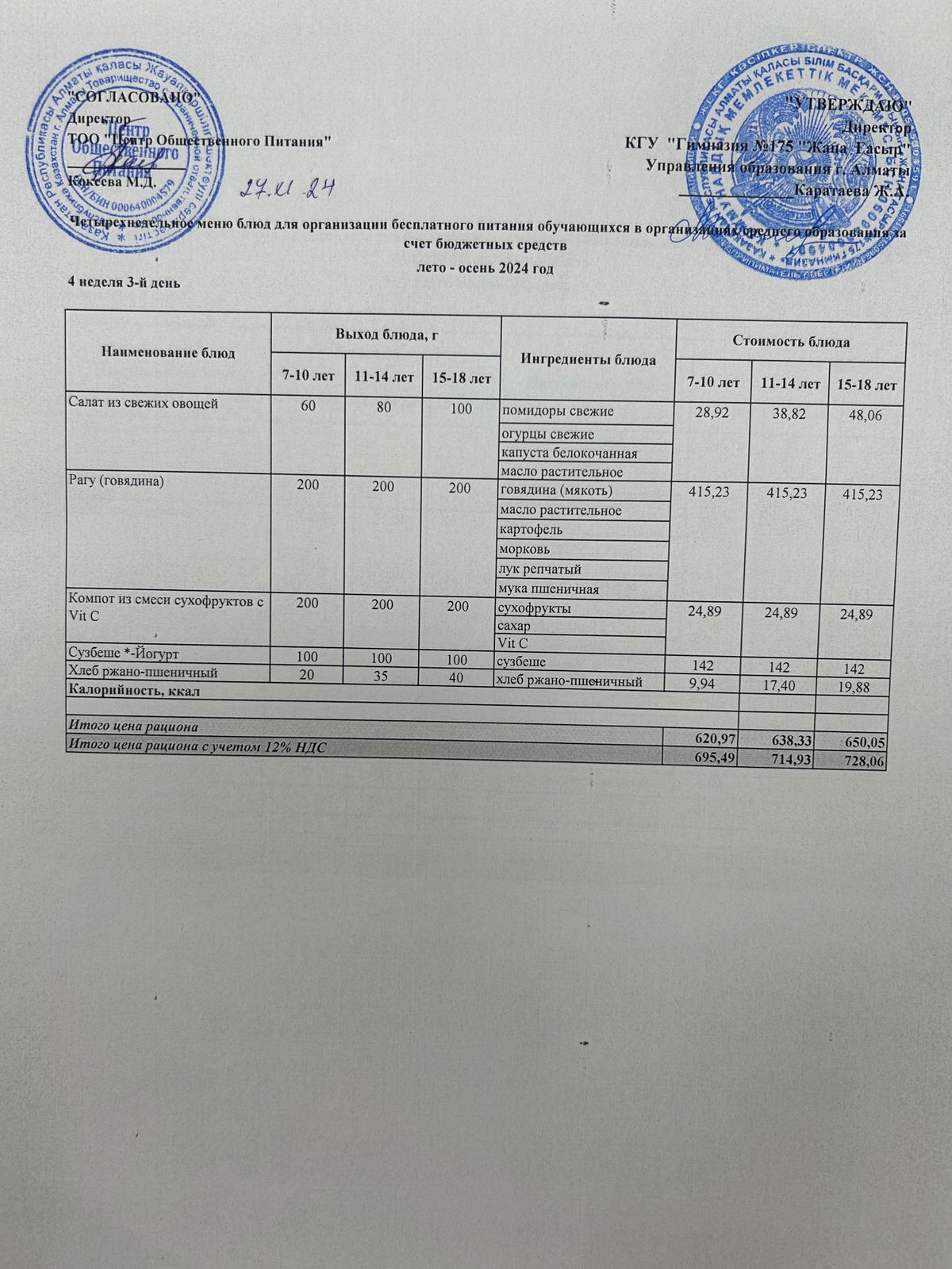 Ас мәзірі 2024-2025