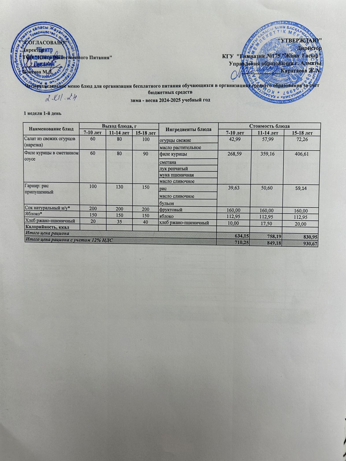 Ас мәзірі 2024-2025