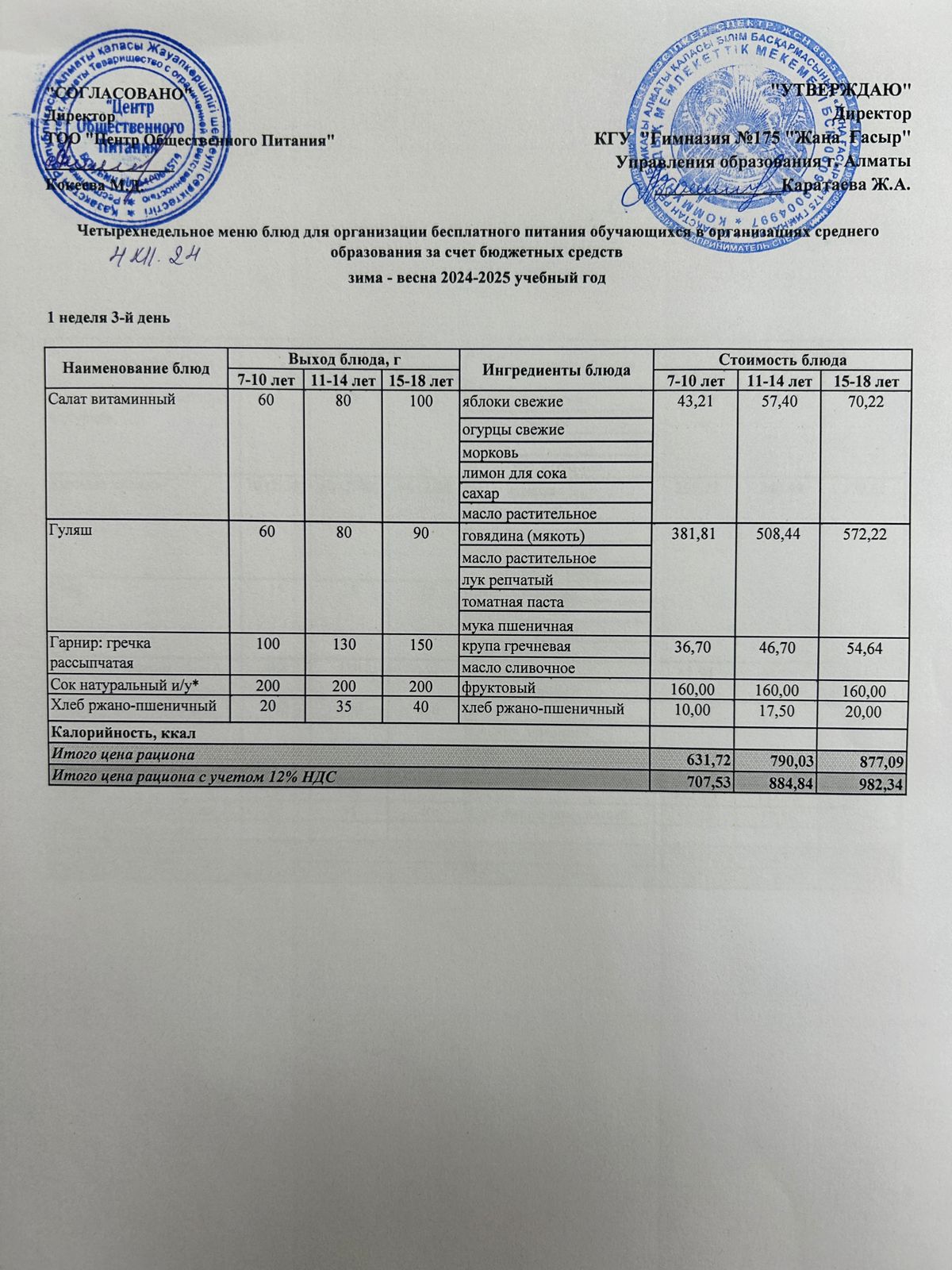 Ас мәзірі 2024-2025