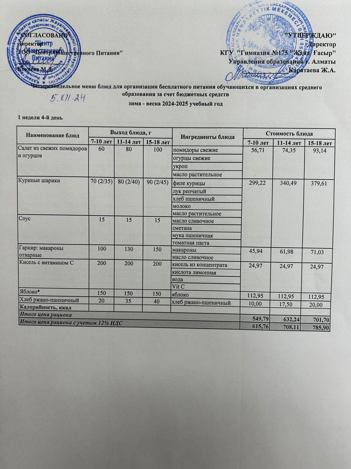 Ас мәзірі 2024-2025