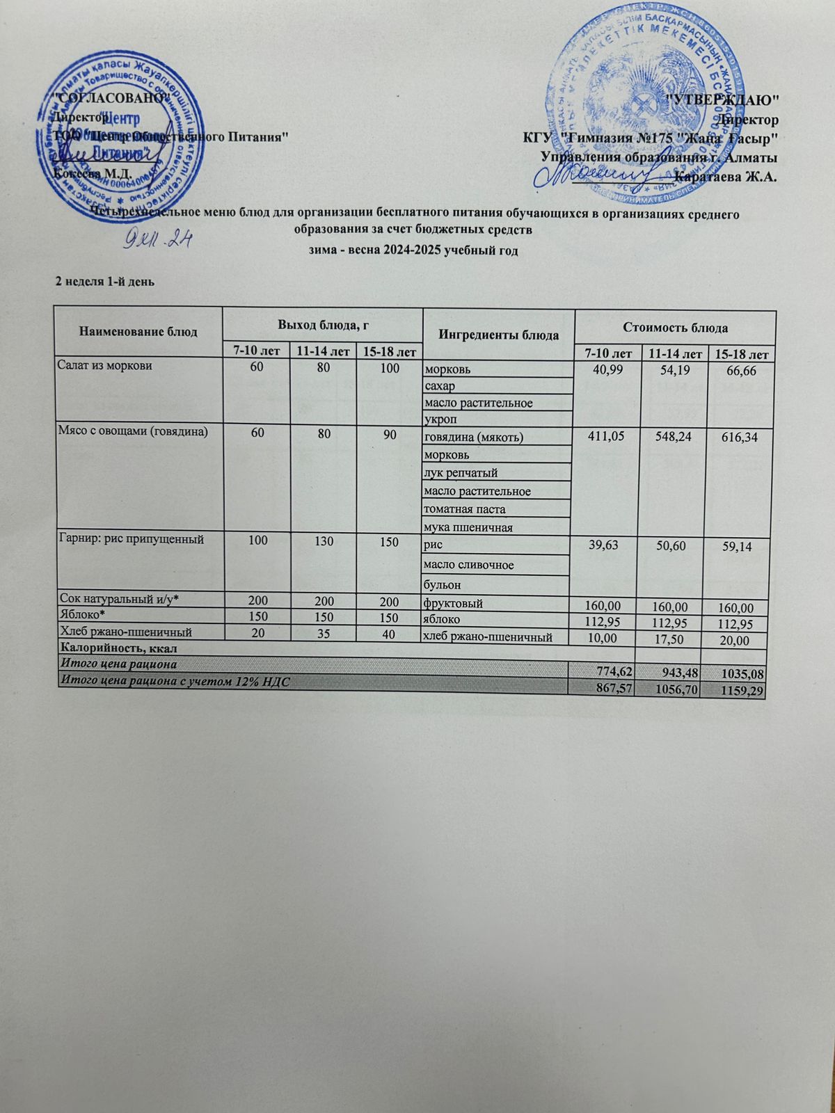 Ас мәзірі 2024-2025