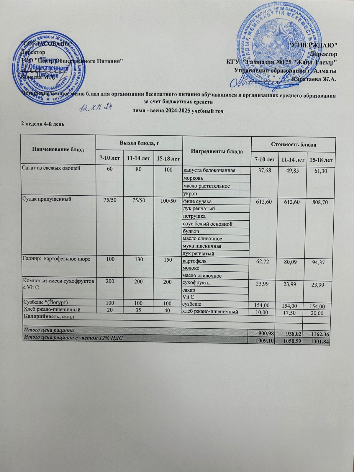 Ас мәзірі 2024-2025