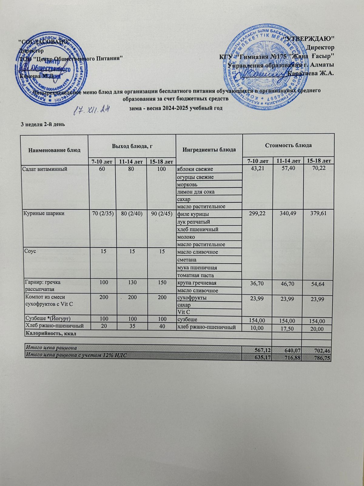 Ас мәзірі 2024-2025