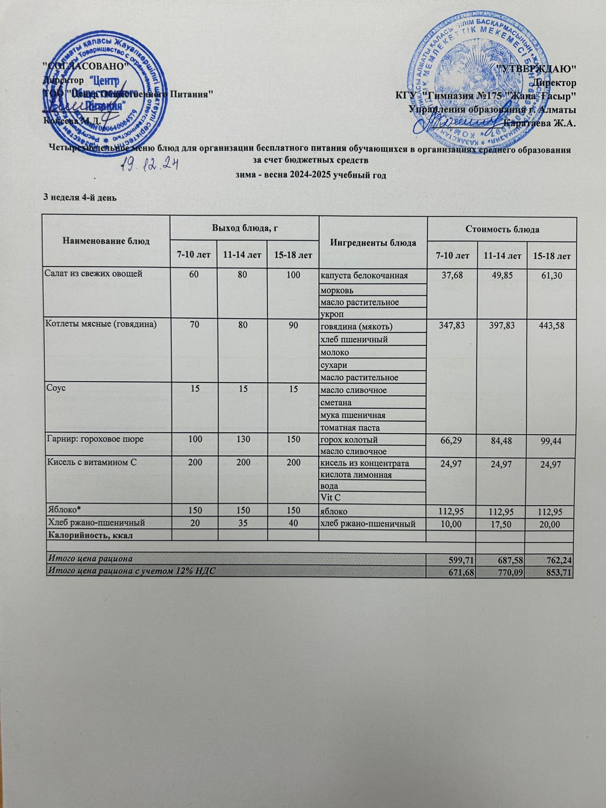 Ас мәзірі 2024-2025