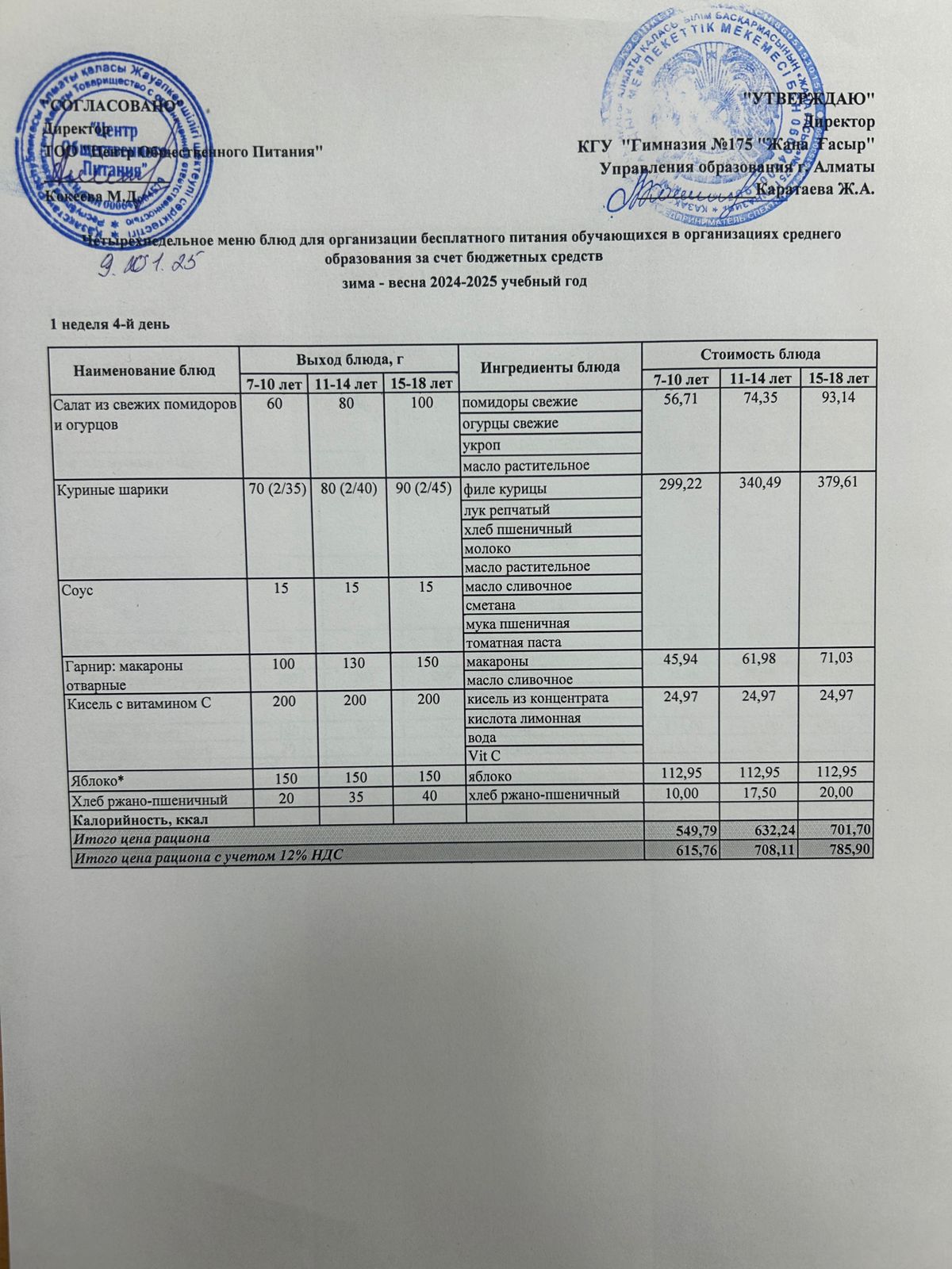 Ас мәзірі 2024-2025