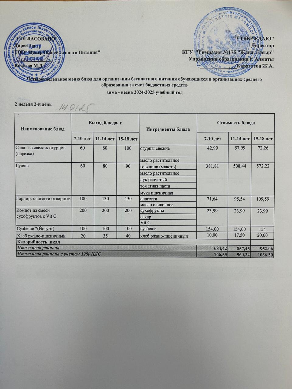 Ас мәзірі 2024-2025