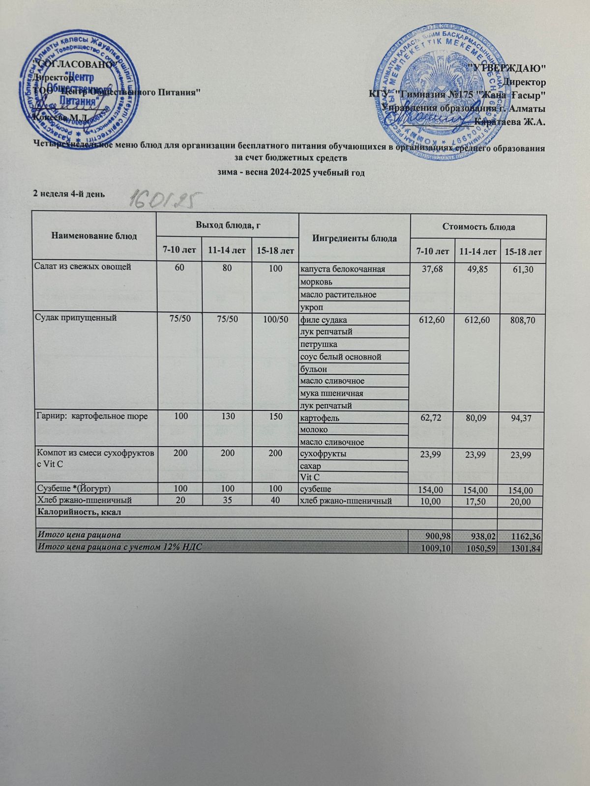 Ас мәзірі 2024-2025