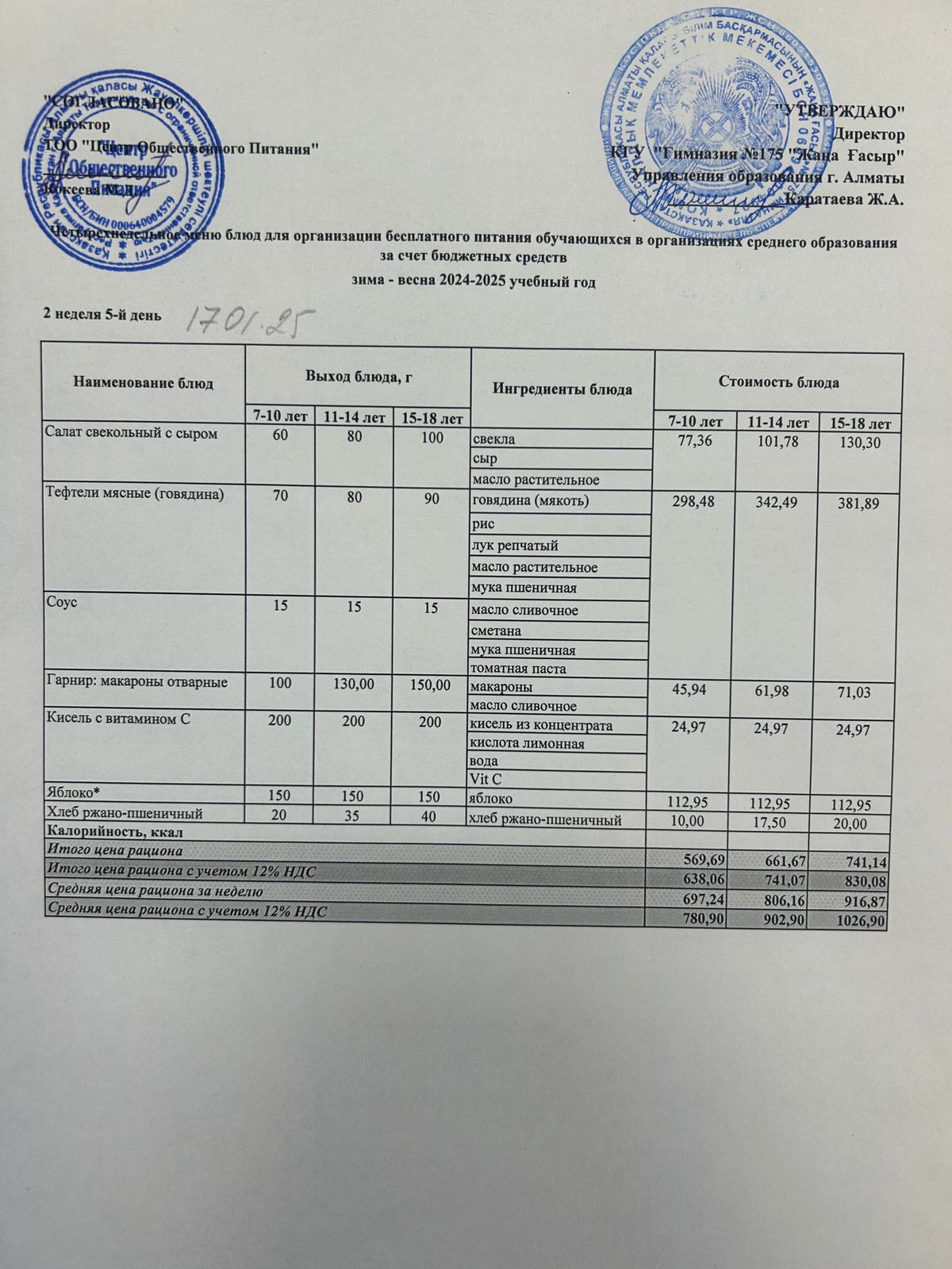 Ас мәзірі 2024-2025