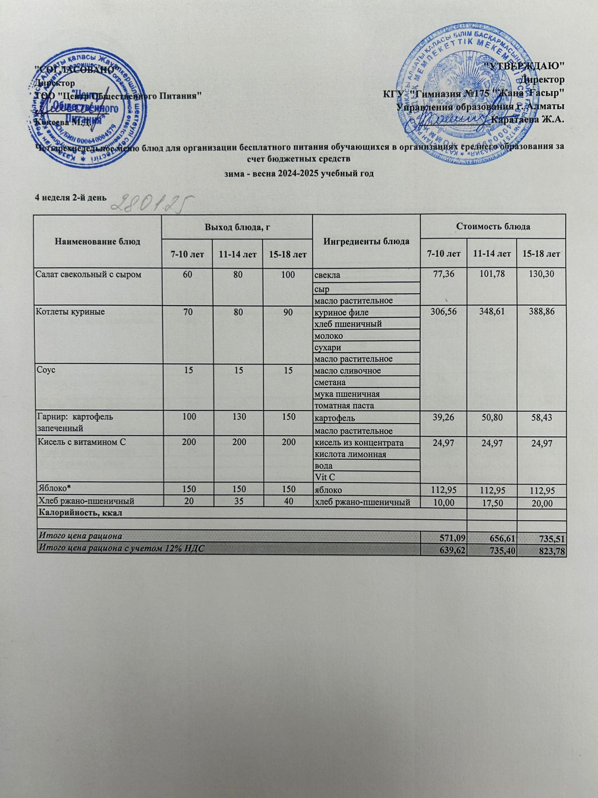 Ас мәзірі 2024-2025