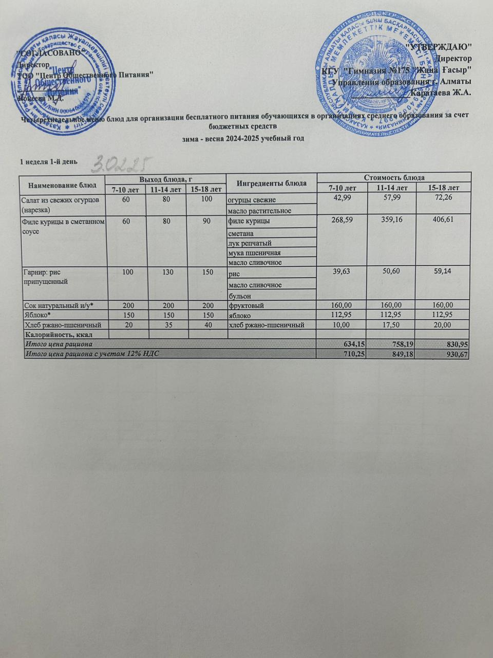 Ас мәзірі 2024-2025