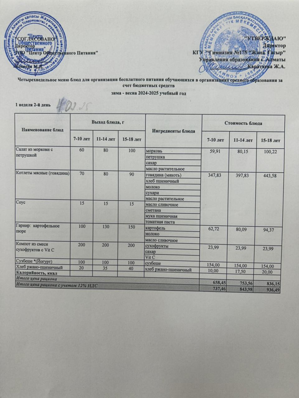 Ас мәзірі 2024-2025