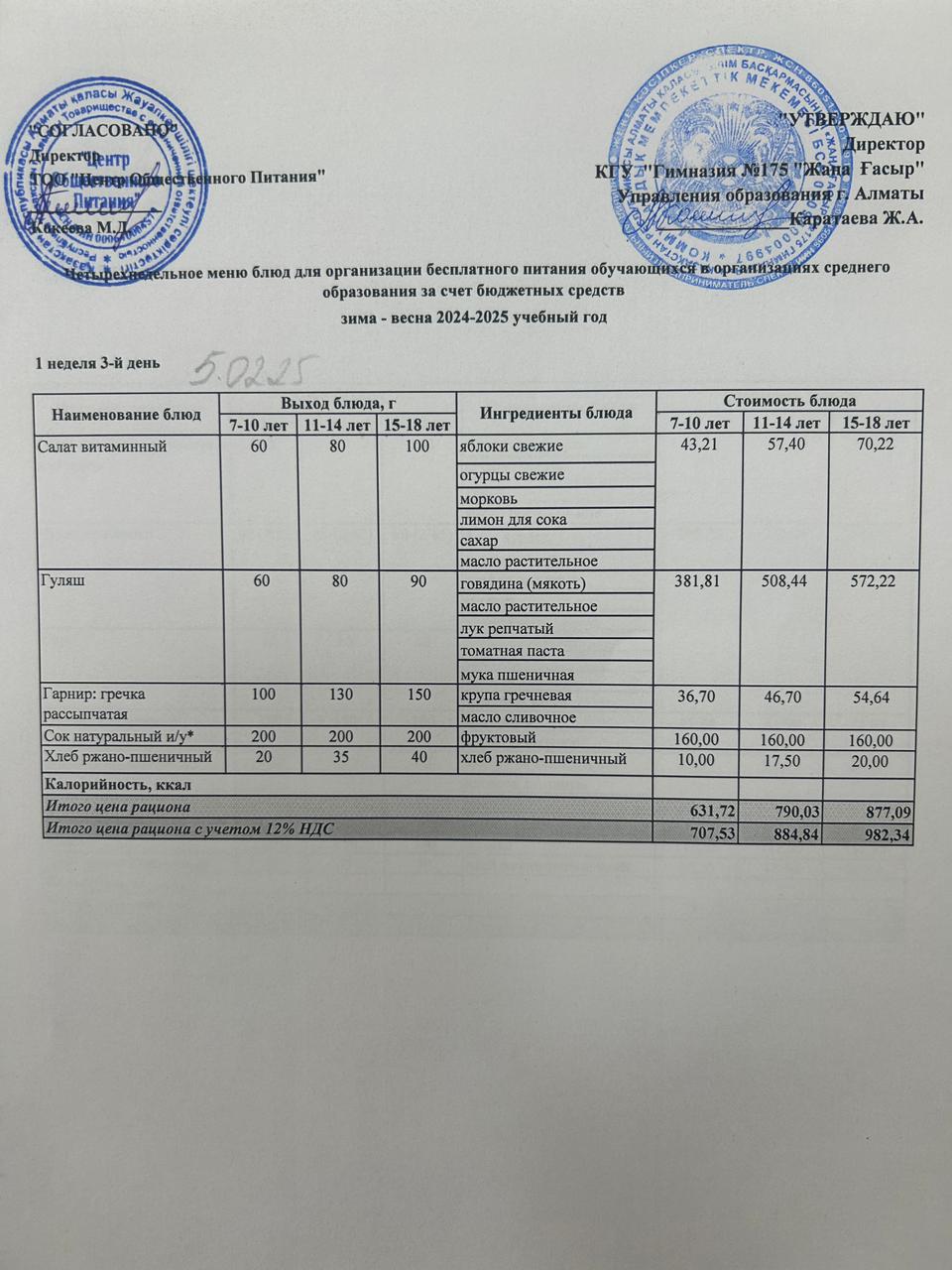 Ас мәзірі 2024-2025