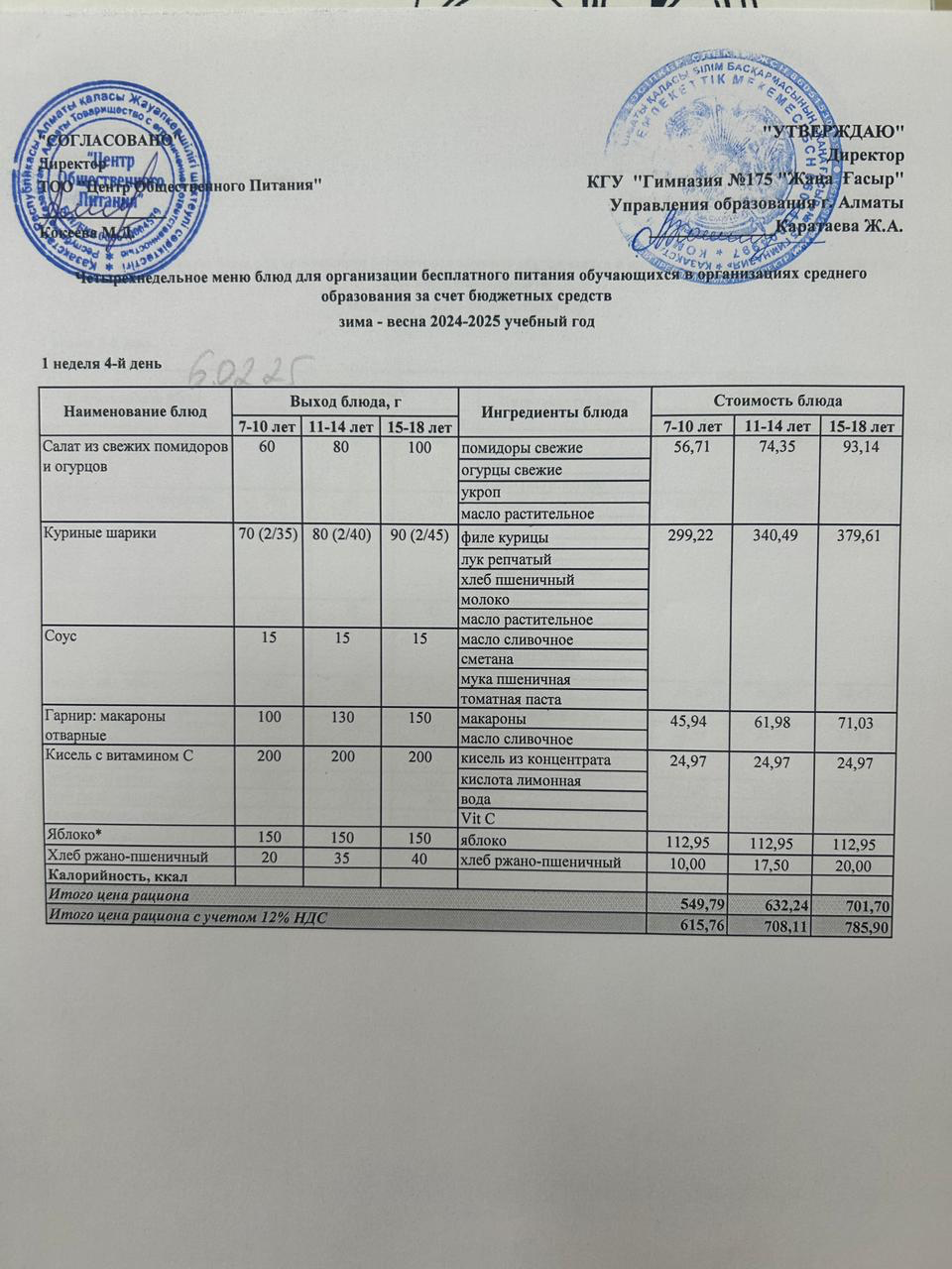 Ас мәзірі 2024-2025