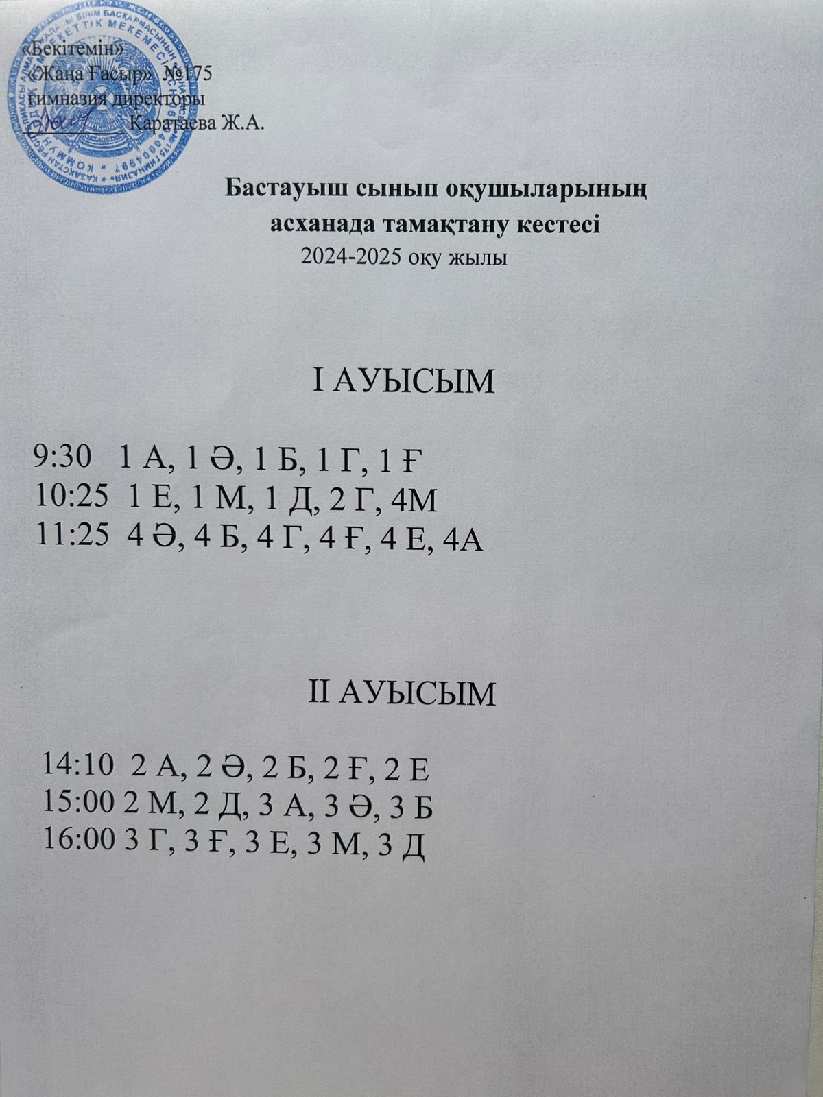 Бастауыш сынып оқушыларының асханада тамақтану кестесі