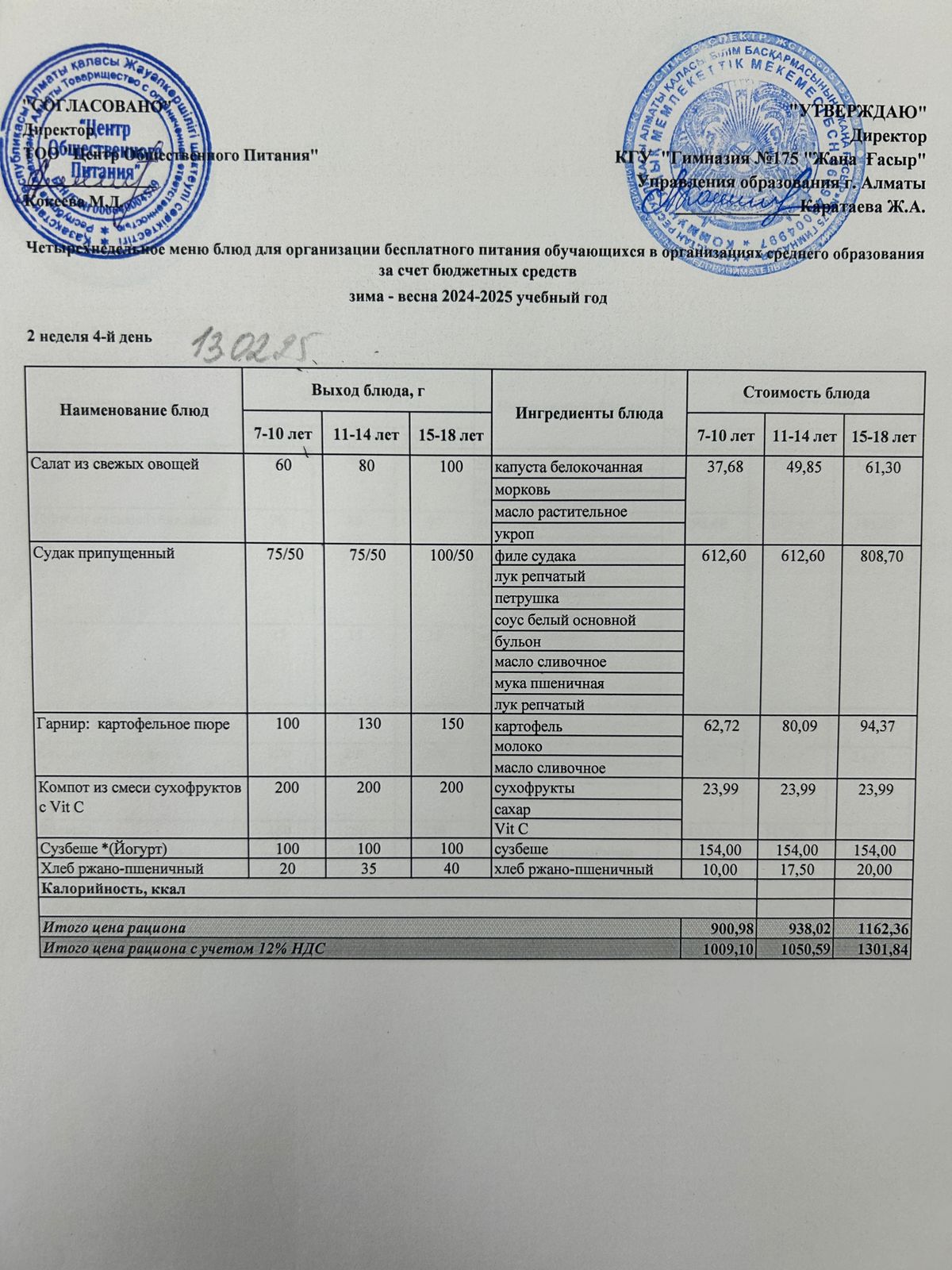 Ас мәзірі 2024-2025