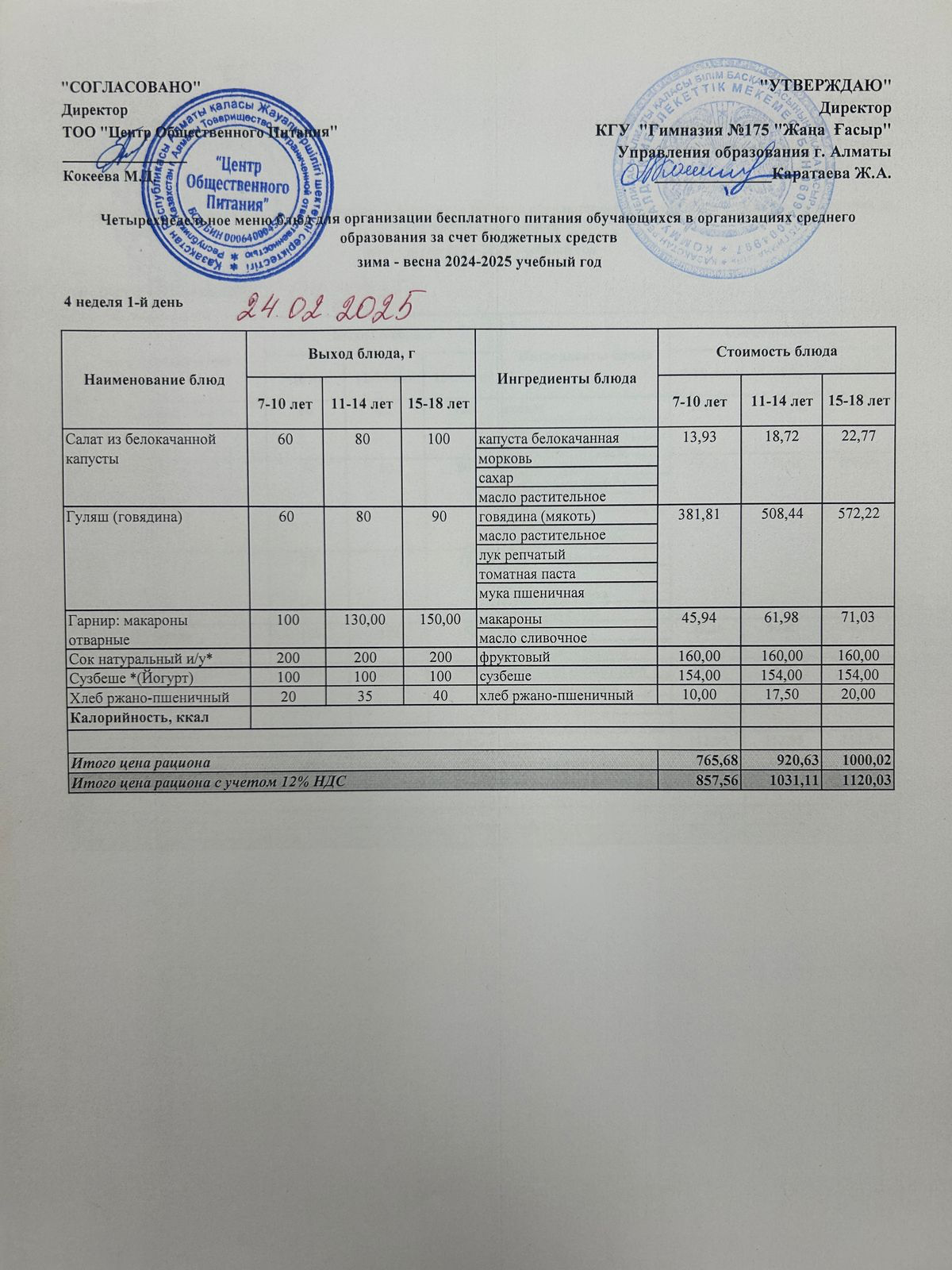 Ас мәзірі 2024-2025