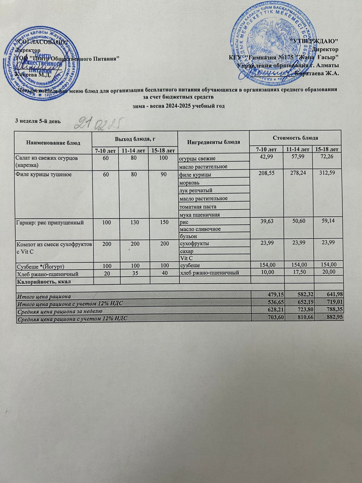 Ас мәзірі 2024-2025