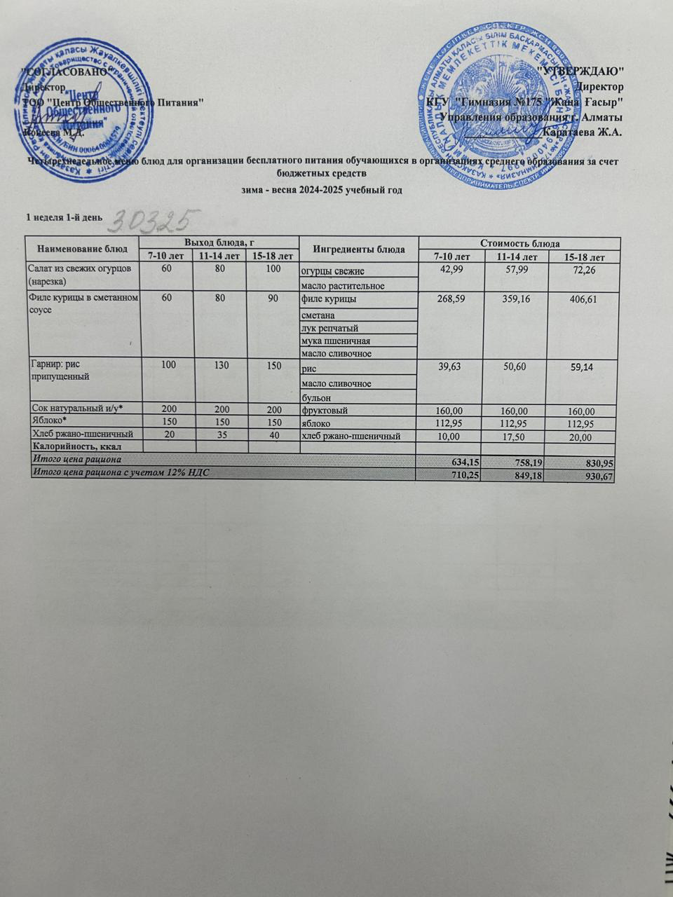 Ас мәзірі 2024-2025