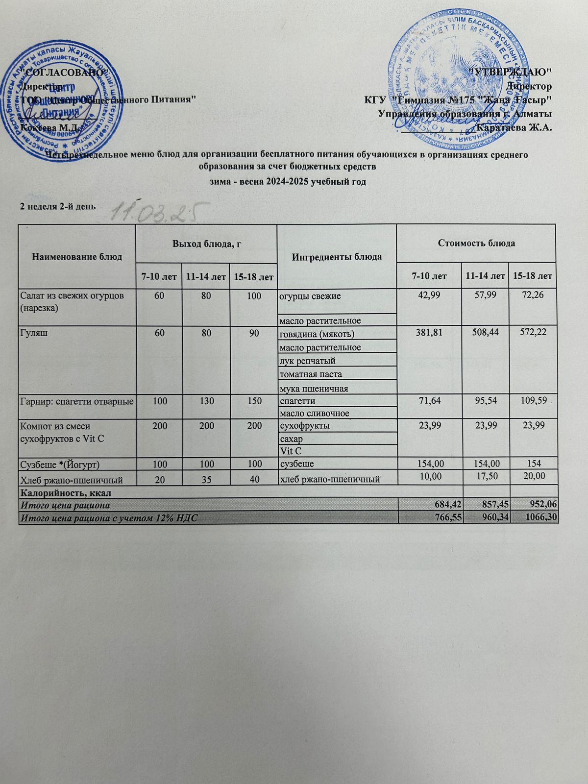 Ас мәзірі 2024-2025
