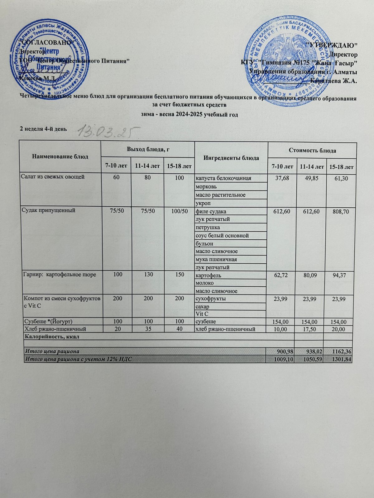 Ас мәзірі 2024-2025