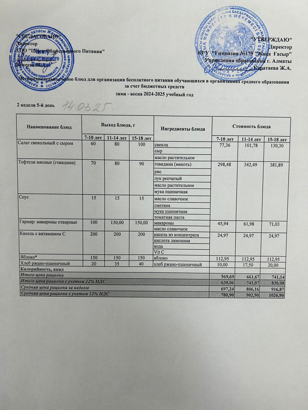 Ас мәзірі 2024-2025
