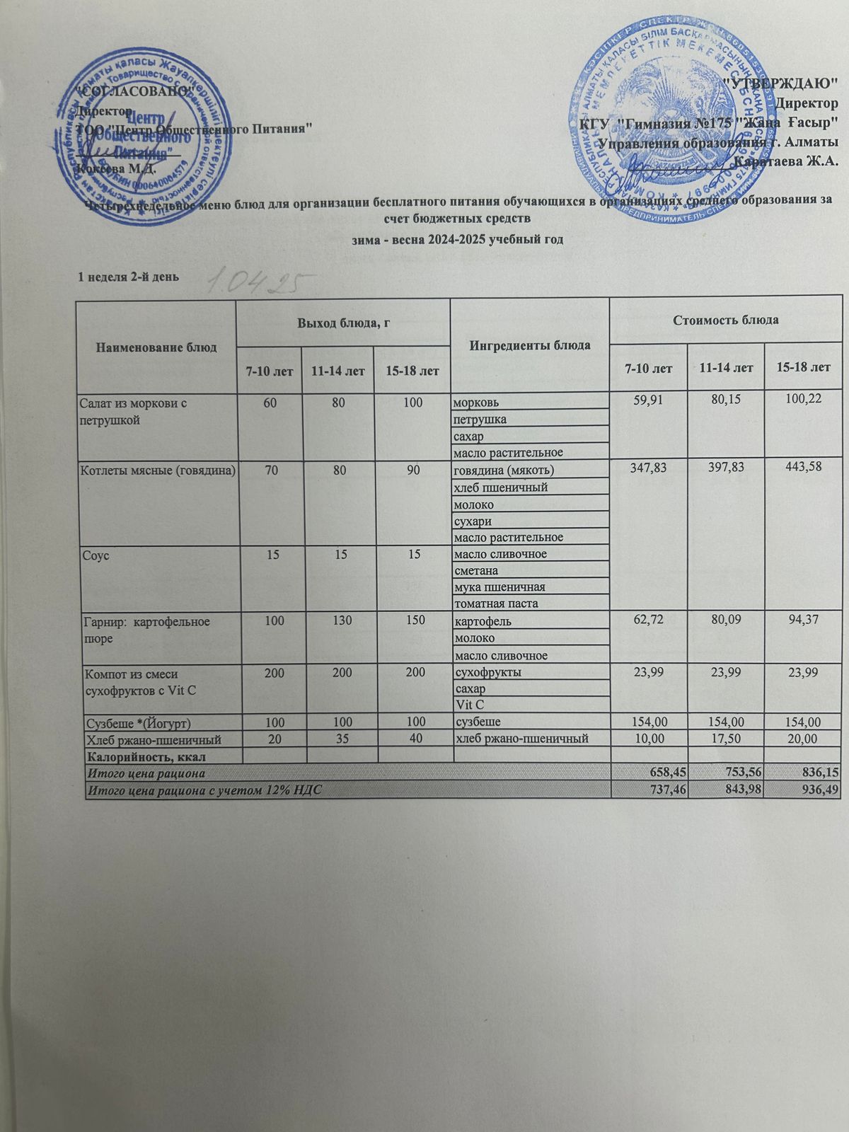 Ас мәзірі 2024-2025