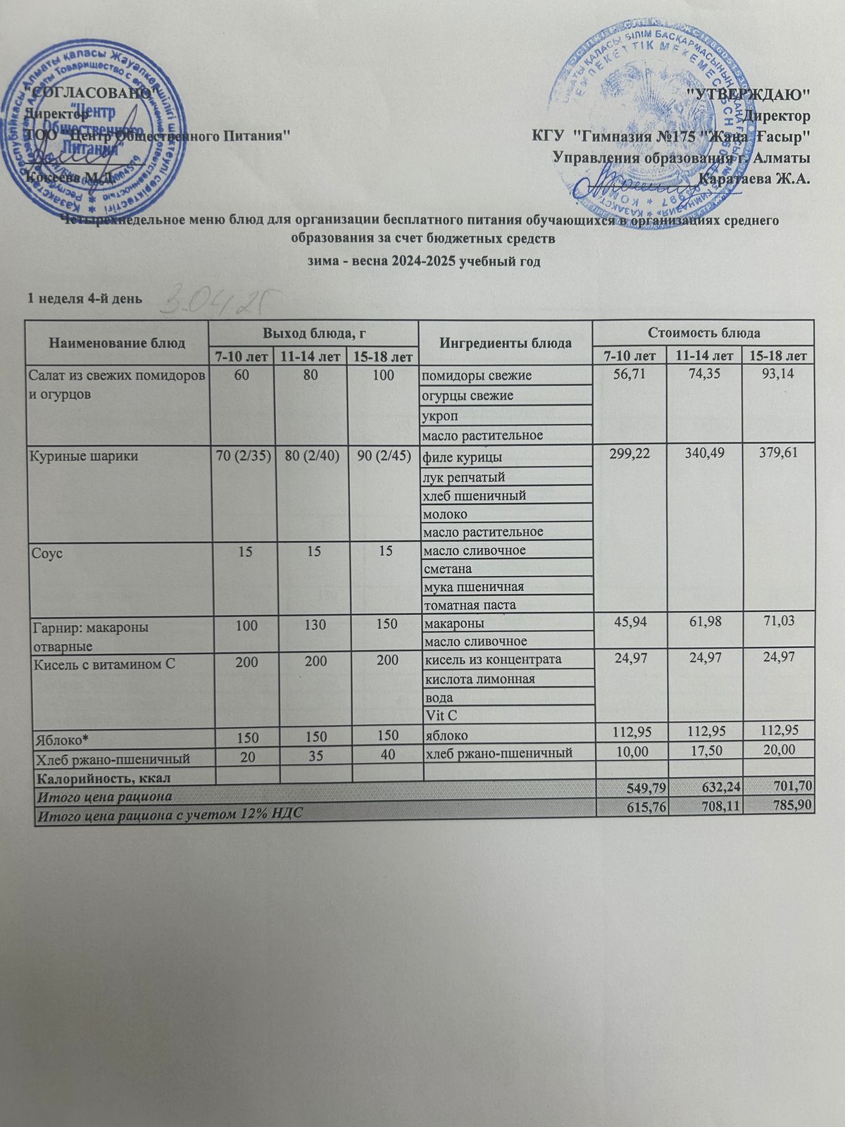 Ас мәзірі 2024-2025