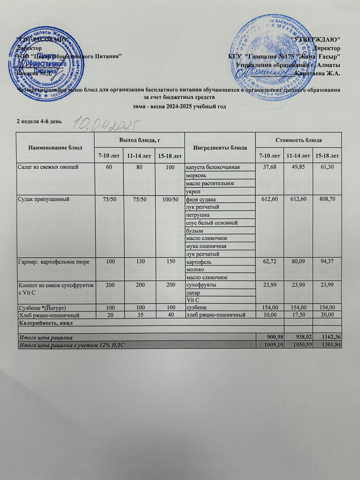 Ас мәзірі 2024-2025