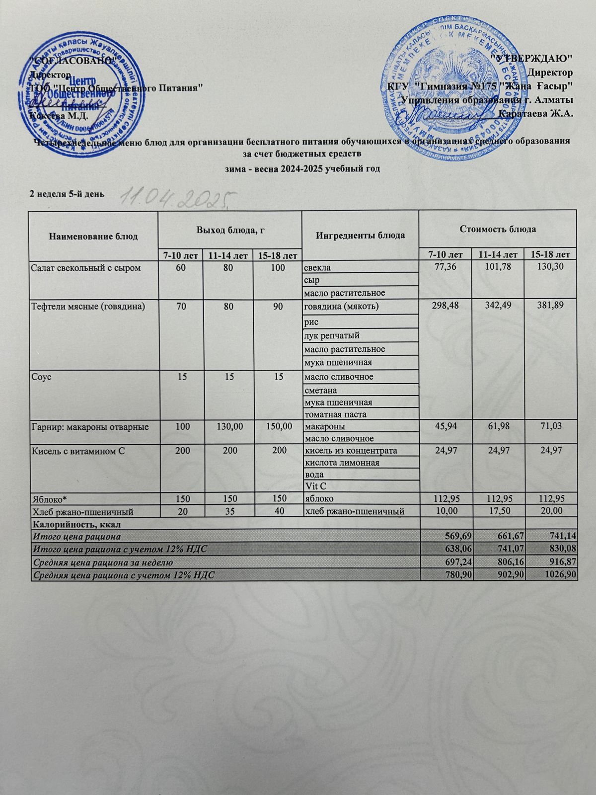 Ас мәзірі 2024-2025