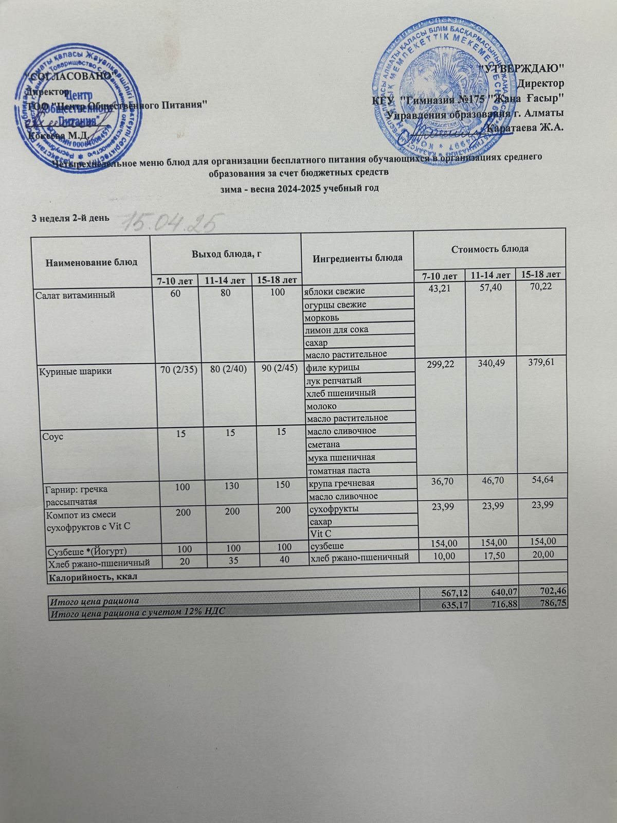 Ас мәзірі 2024-2025