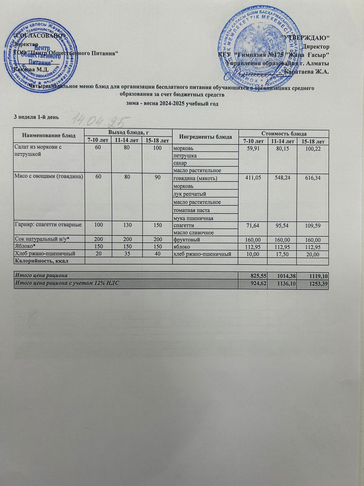Ас мәзірі 2024-2025