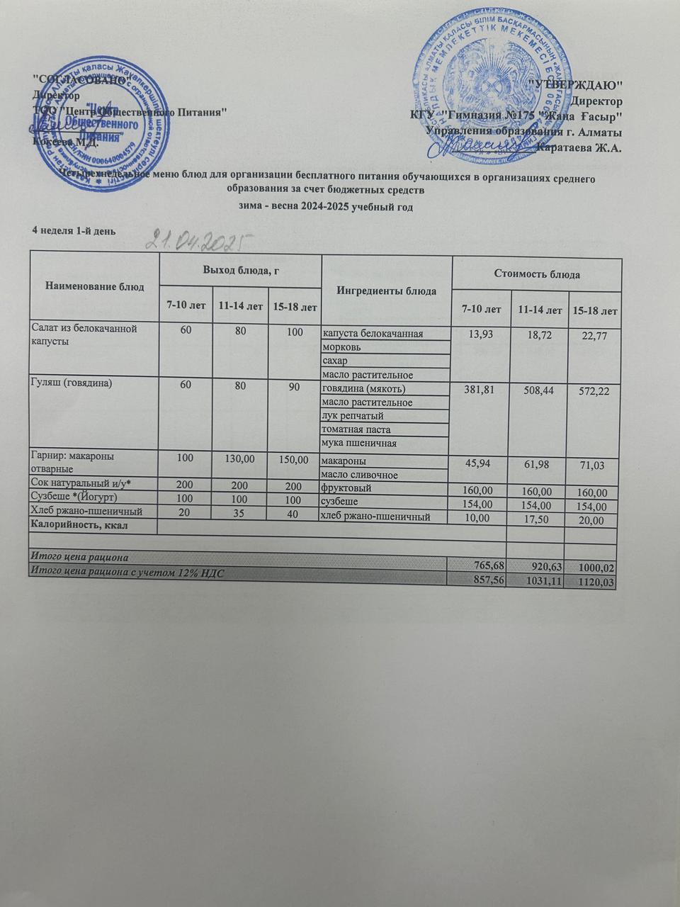 Ас мәзірі 2024-2025