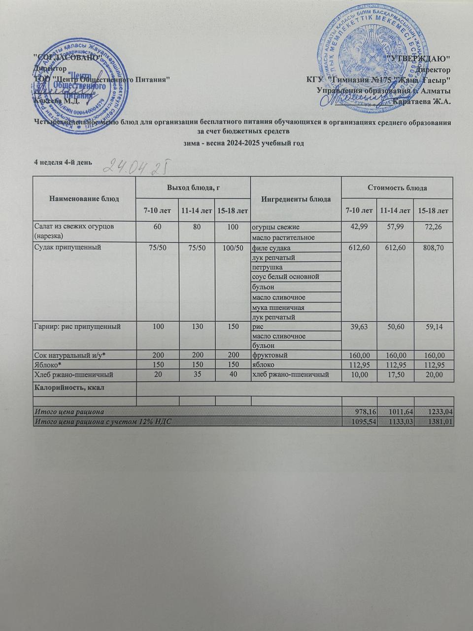 Ас мәзірі 2024-2025