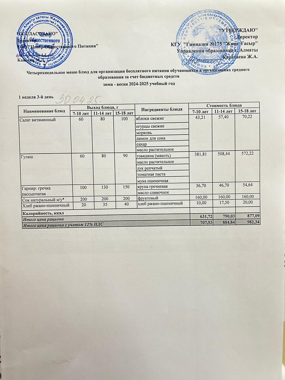 Ас мәзірі 2024-2025