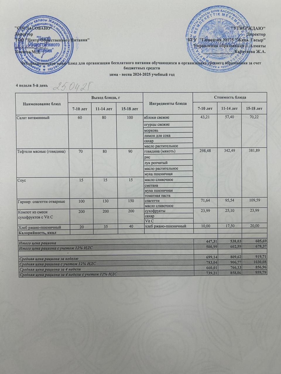 Ас мәзірі 2024-2025