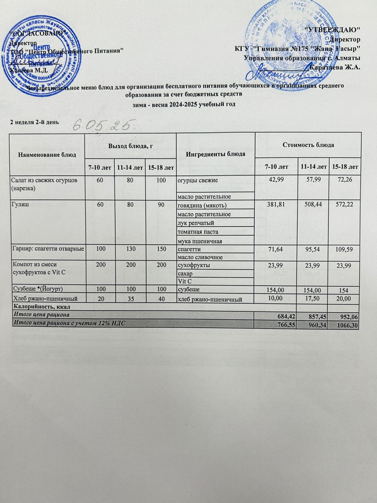 Ас мәзірі 2024-2025