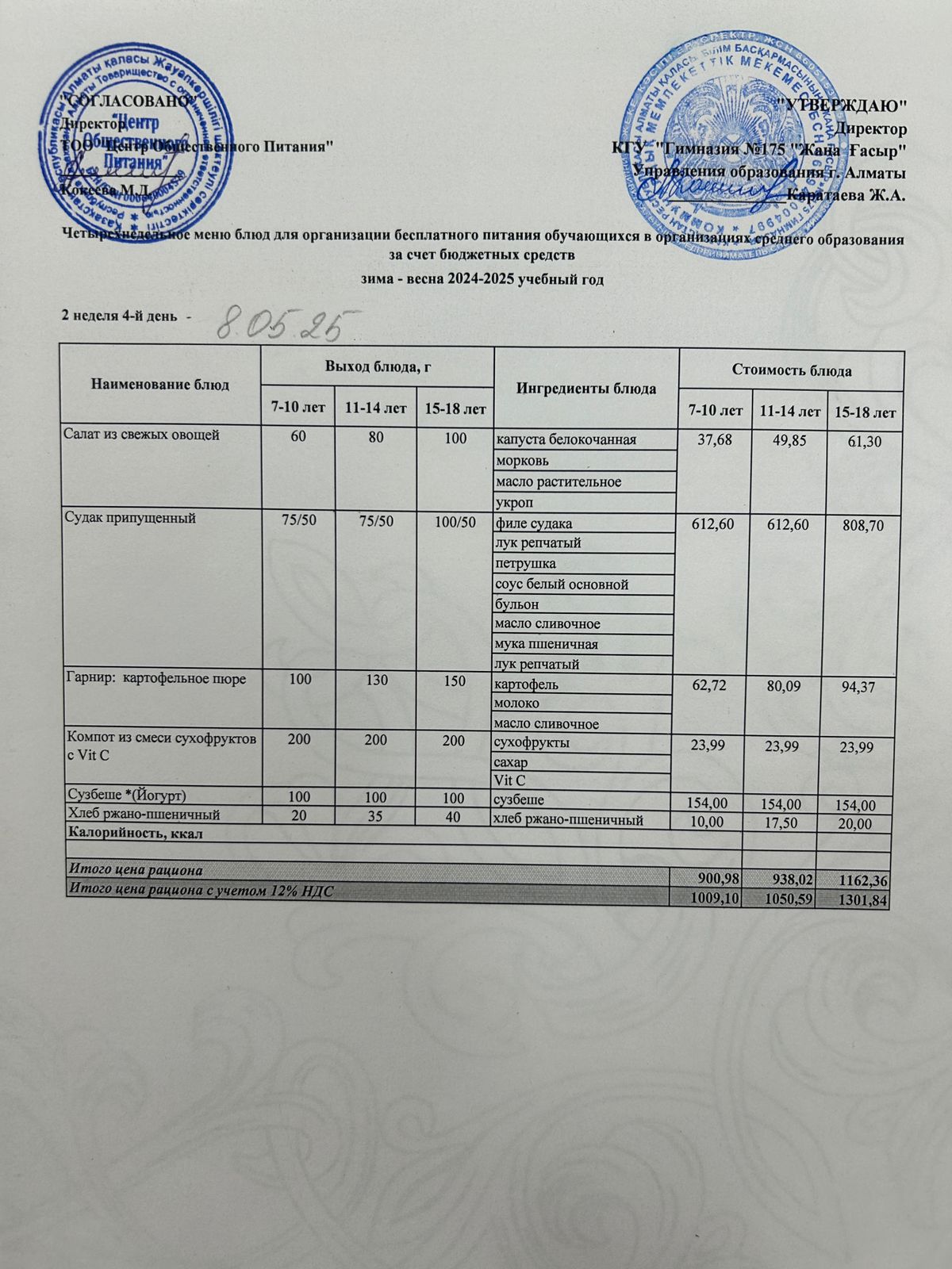 Ас мәзірі 2024-2025