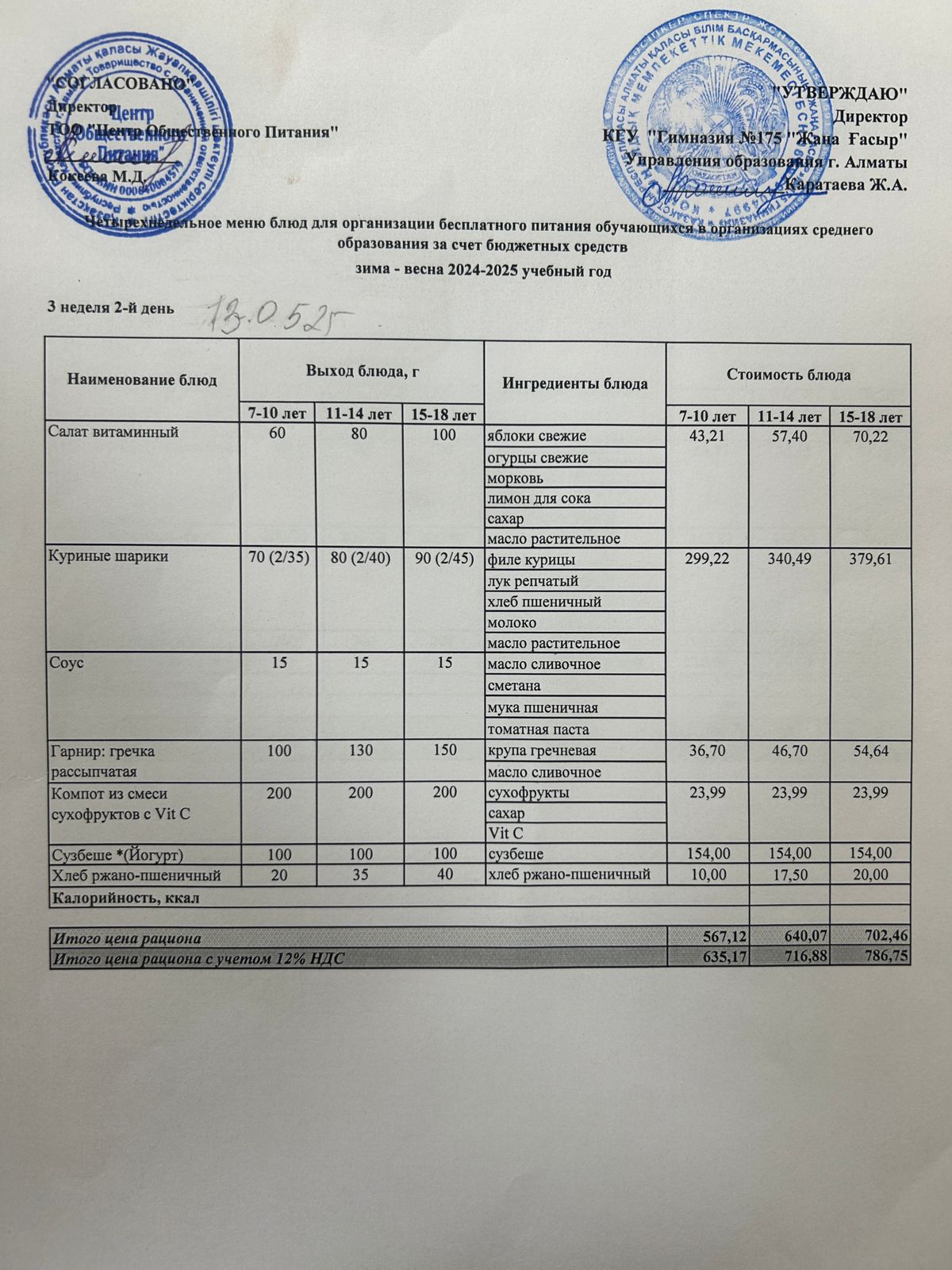 Ас мәзірі 2024-2025