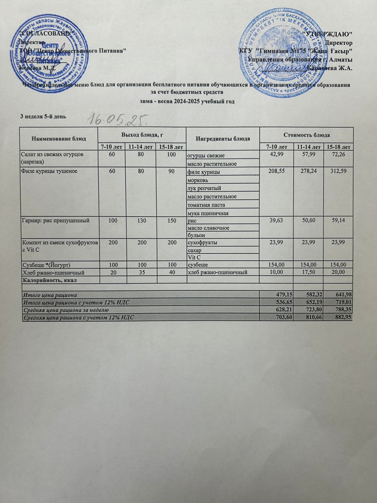 Ас мәзірі 2024-2025