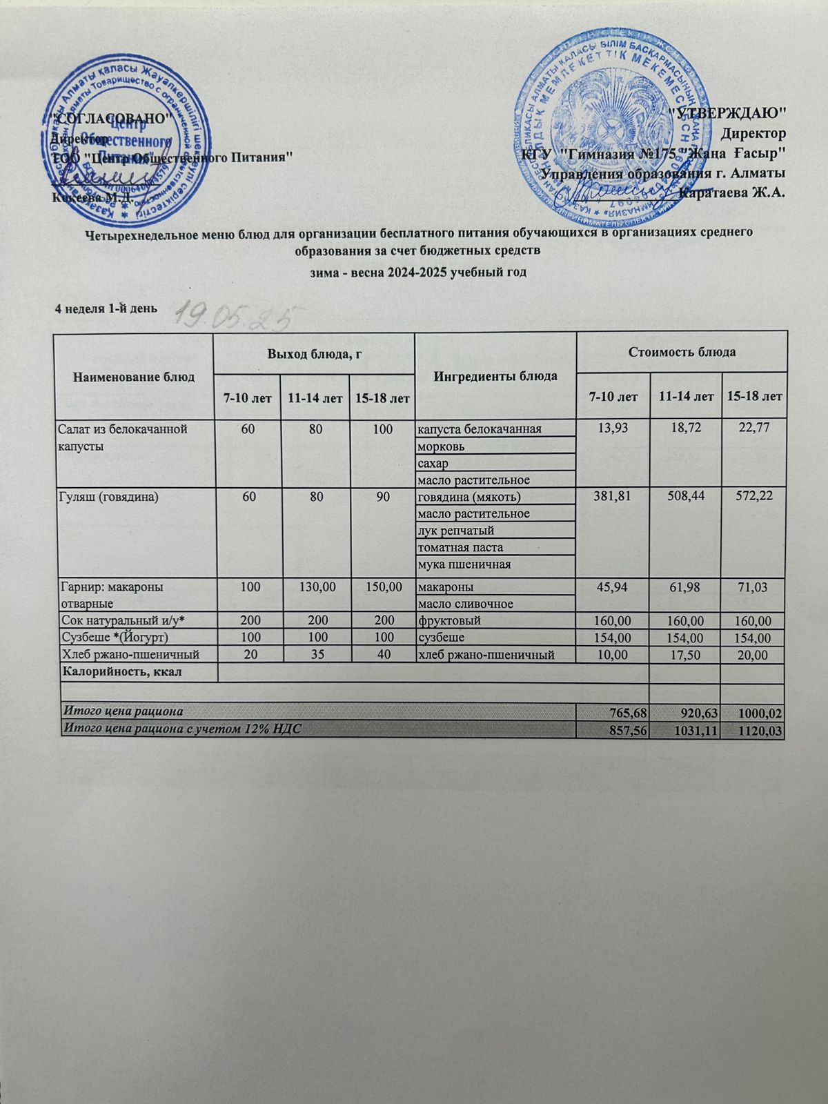 Ас мәзірі 2024-2025