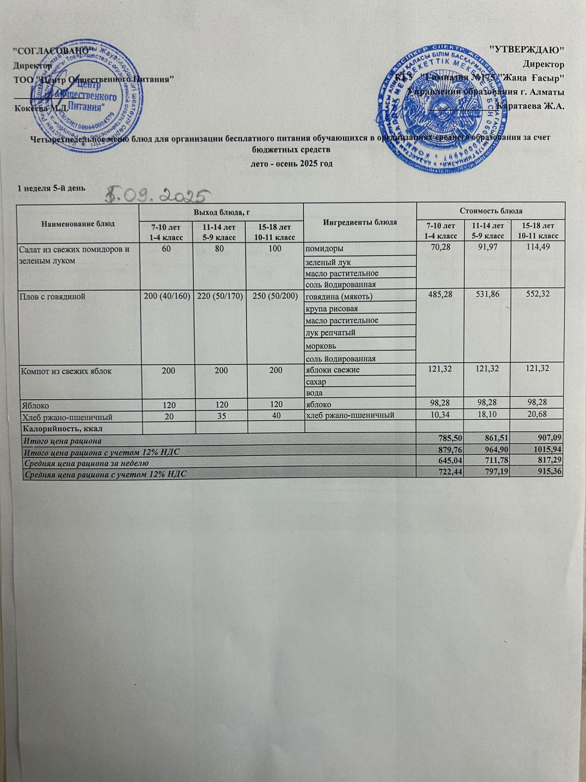 Ас мәзірі 2025-2026