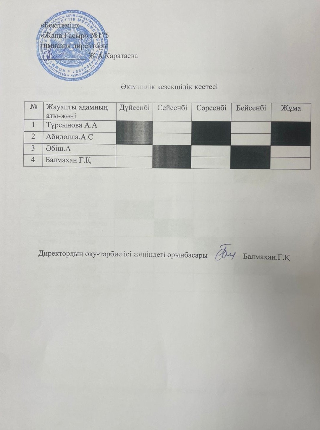 Асханадағы әкімшілік кезекшілік кестесі