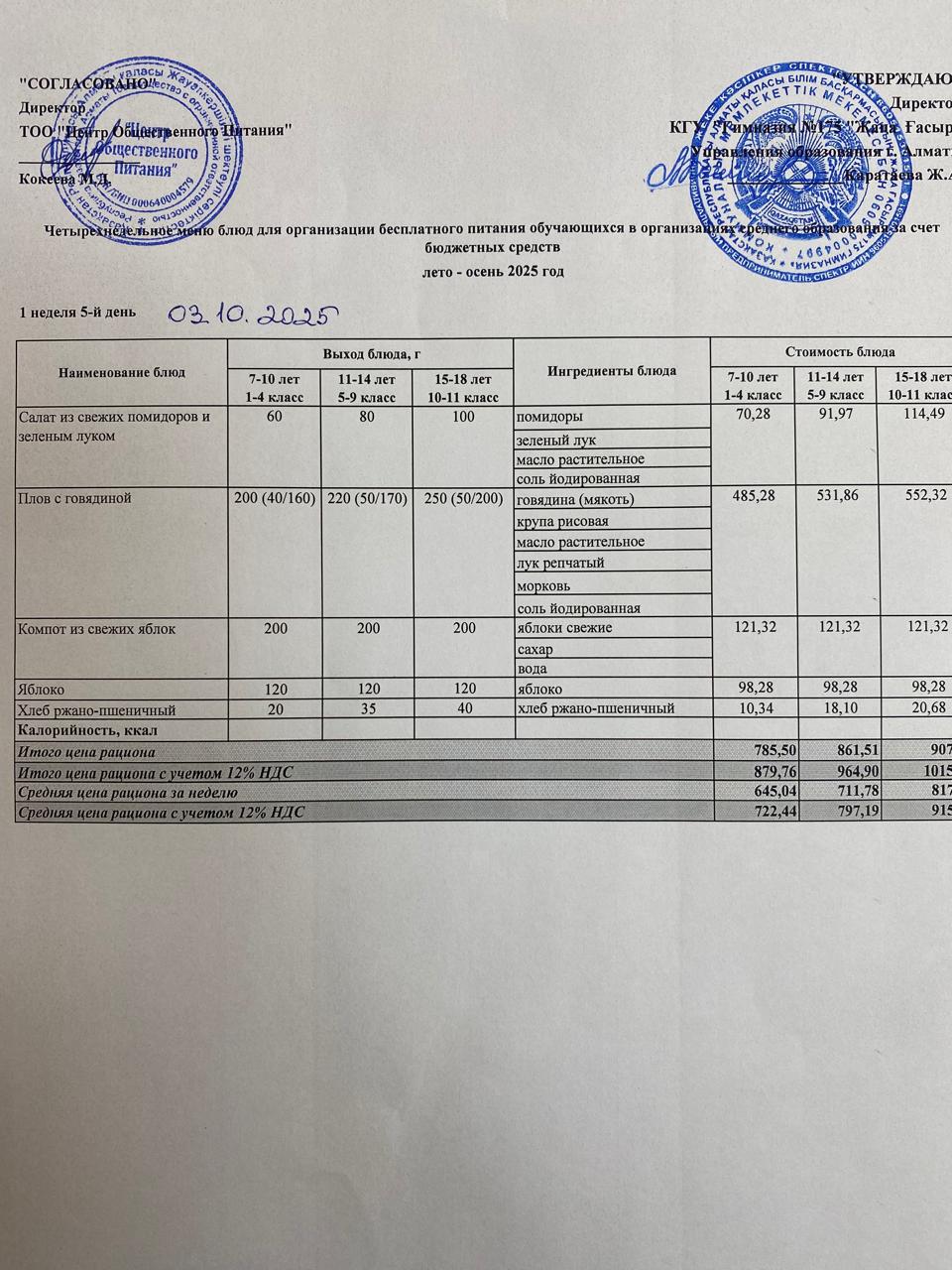 Ас мәзірі 2025-2026