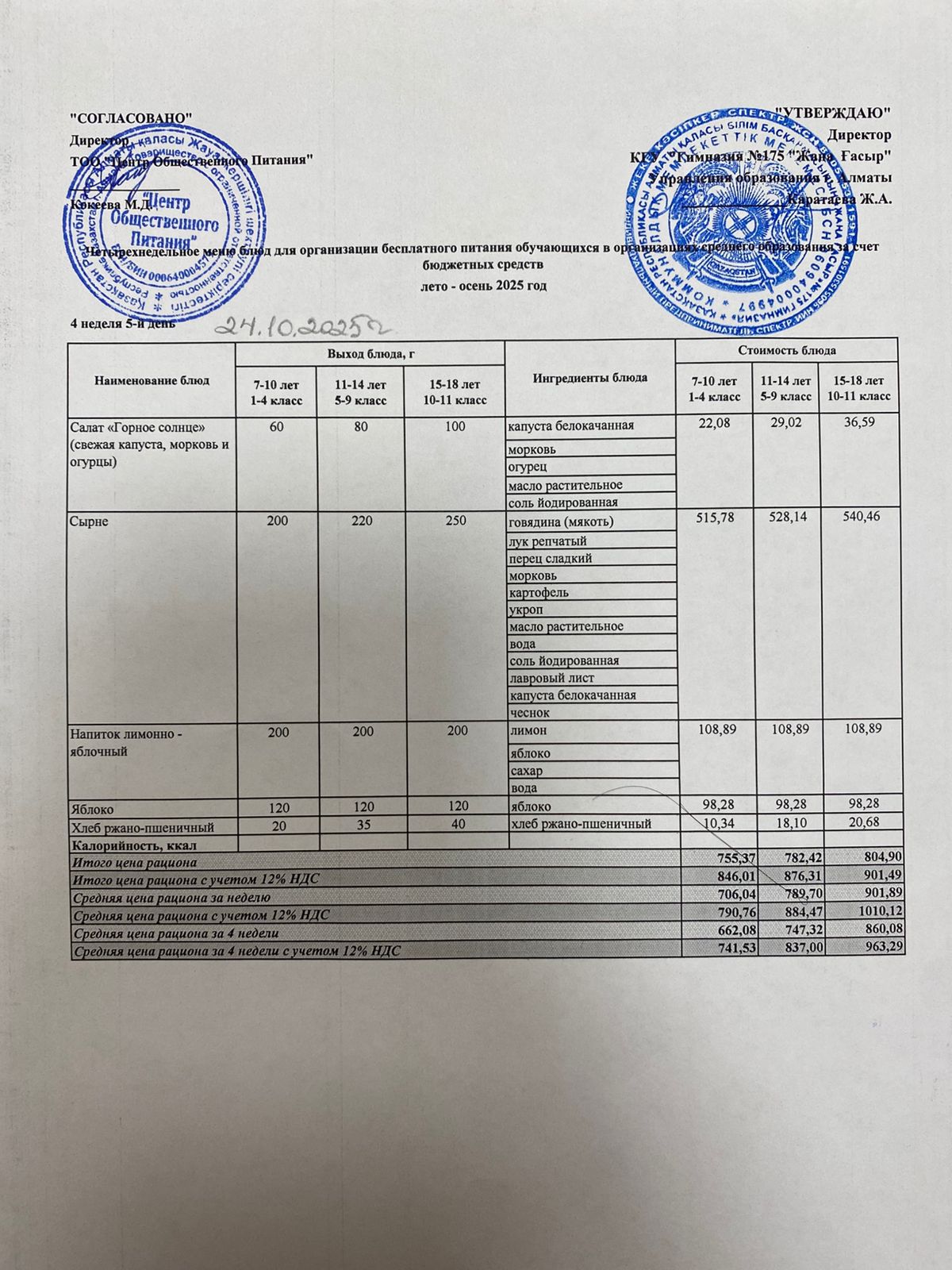 Ас мәзірі 2025-2026