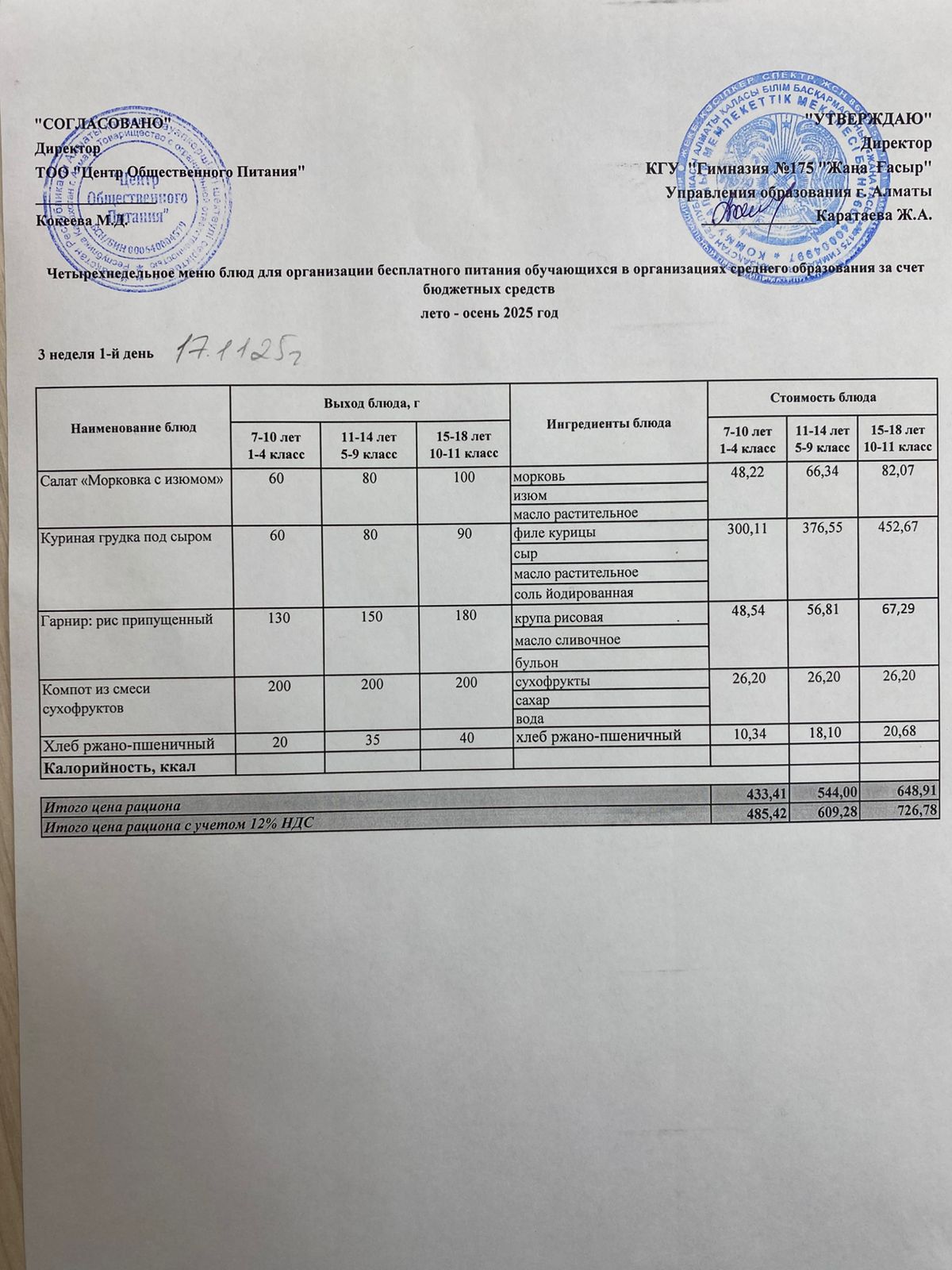 Ас мәзірі 2025-2026