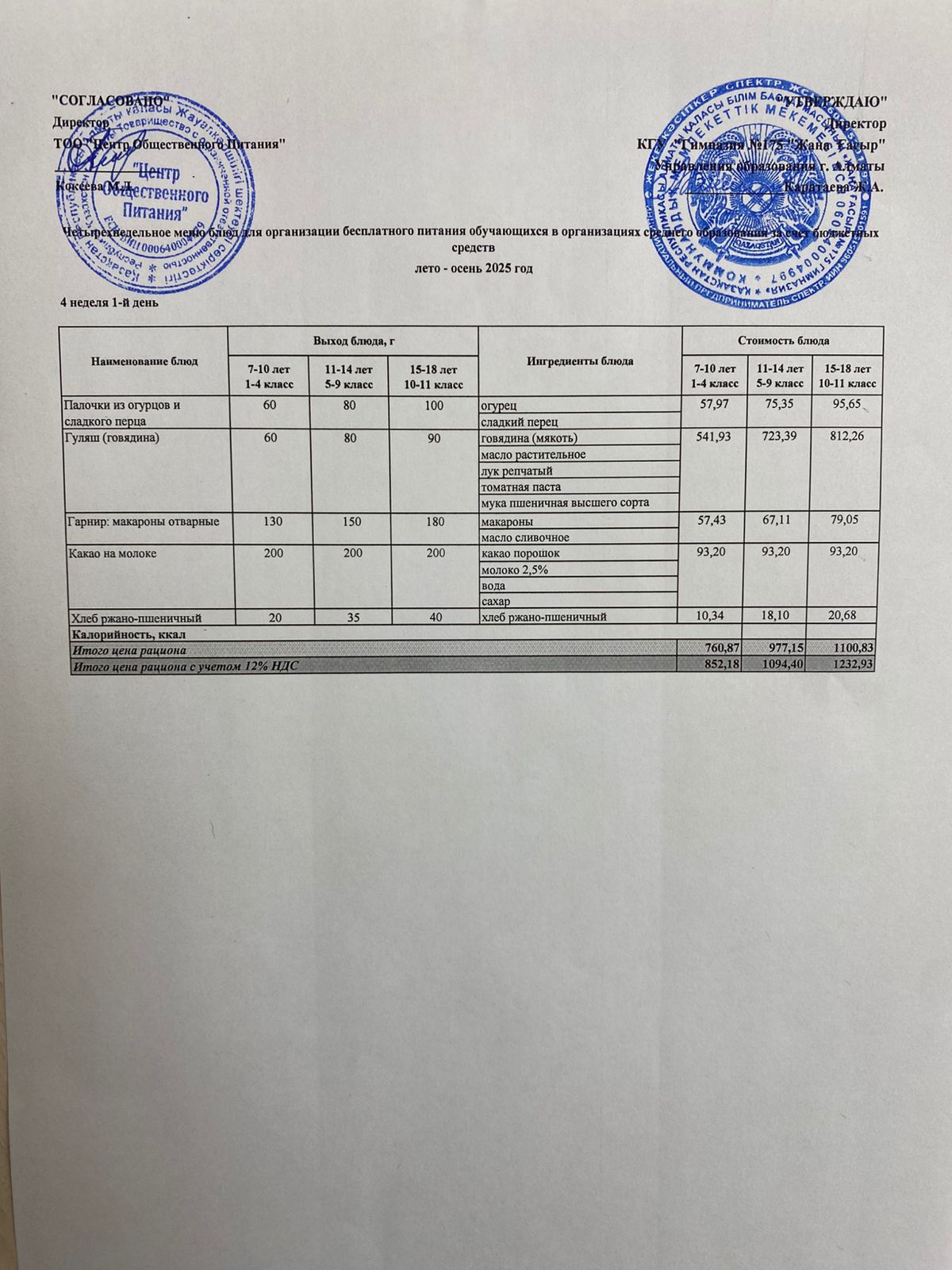 Ас мәзірі 2025-2026